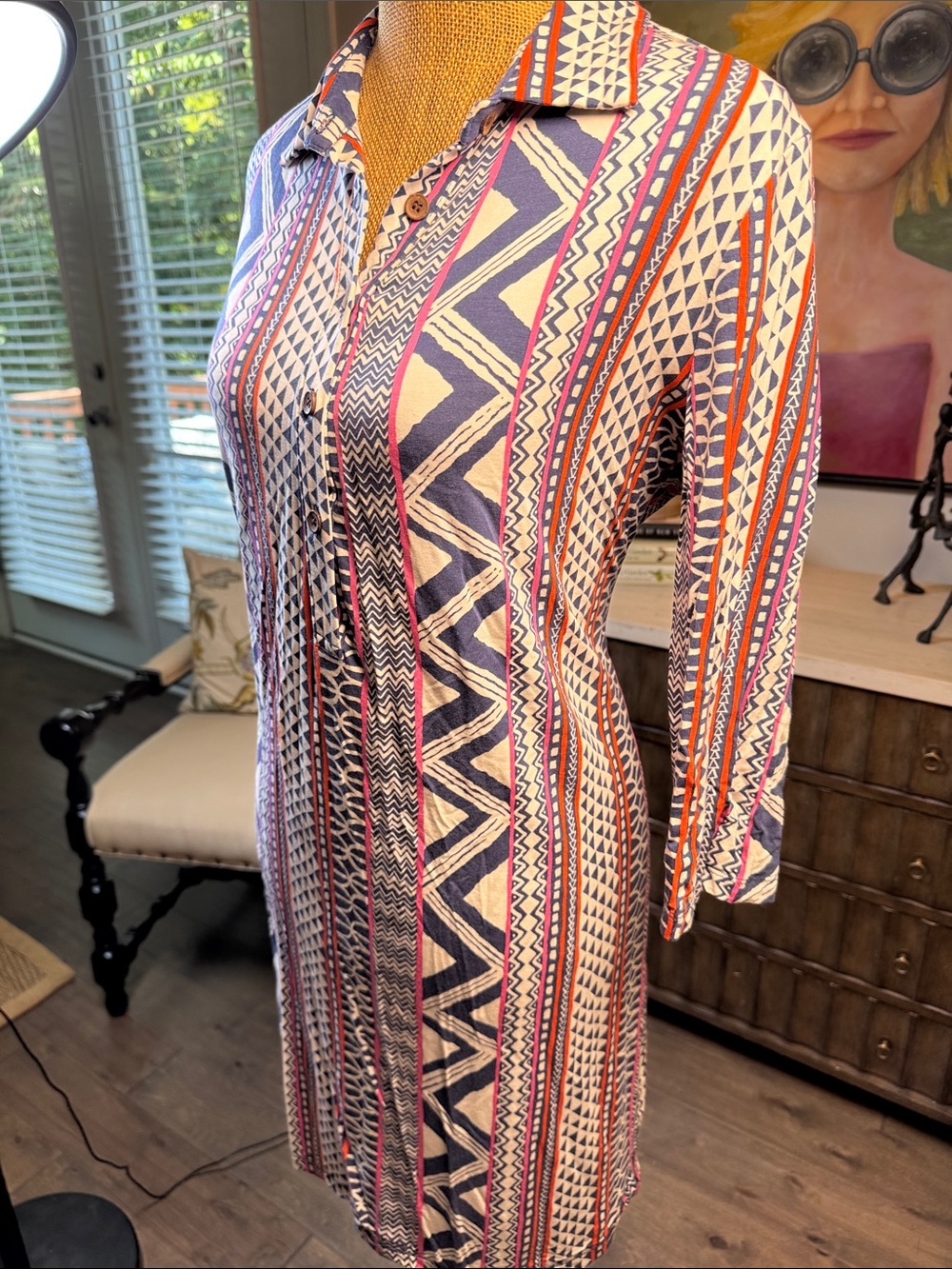 Tori Richard Multicolor Geometric Collared Shirt Dress L